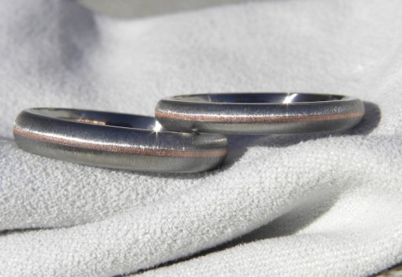 Matching Bands Titanium with Copper Stripe Inlay Satin Ring Set