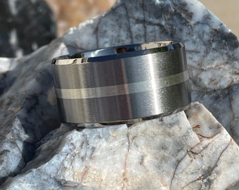 Big and Wide Titanium and Silver Inlay Ring, Wedding Band