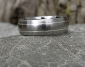 Ring, Wedding Band, Titanium with Silver Pinstripes, Satin Finish