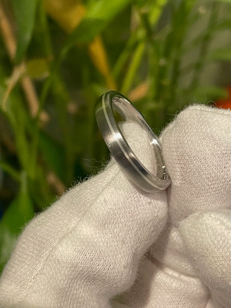 Modern Wedding Ring, Titanium Silver Stripe Band, Mens, Ladies, Offset Pinstripe 3.5mm (pictured)