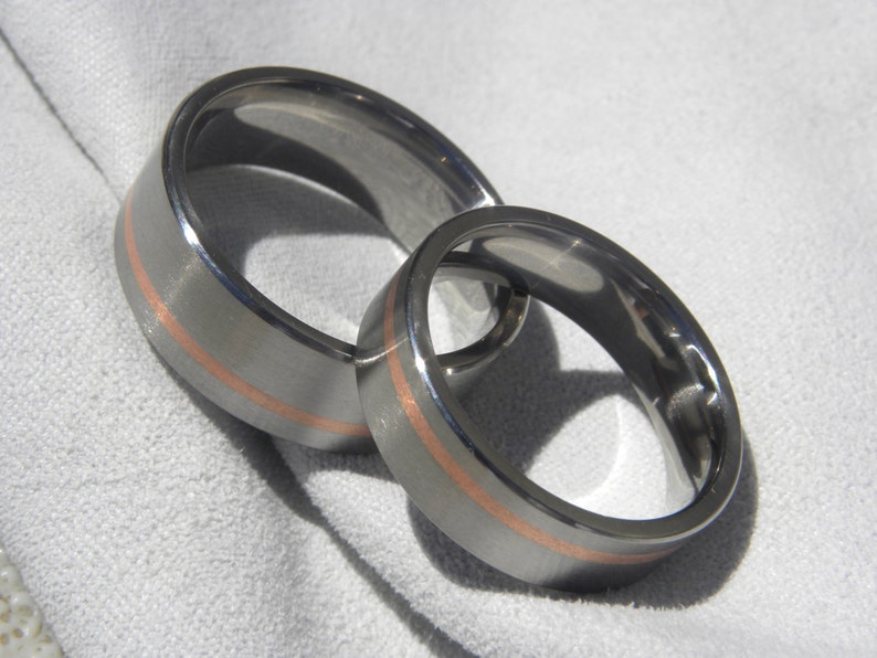 Matching Bands Titanium with Copper Stripe Inlay Satin Ring Set
