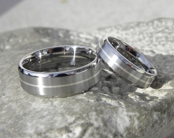 Titanium Silver Pinstripe Ring Set, Matching Wedding Bands, Beveled Edge Rings