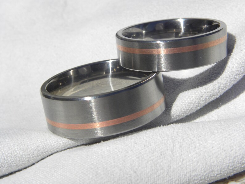 Matching Bands Titanium with Copper Stripe Inlay Satin Ring Set