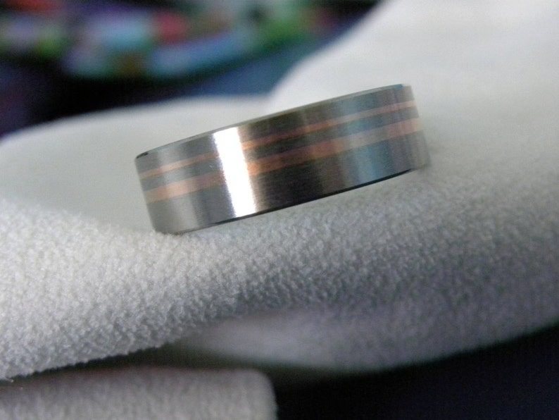 Titanium with Rose Gold Inlay Stripes Wedding Band Mens Ring