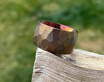 Fire Colored Titanium Ring, Faceted Wide Band, US Size 7 1/2, 12mm