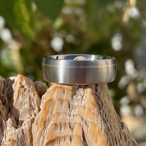 May include: A silver titanium wedding band with a thin gold inlay. The band is brushed and has a rounded edge.