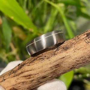 Modern Wedding Ring, Titanium Silver Stripe Band, Mens, Ladies, Offset Pinstripe image 4