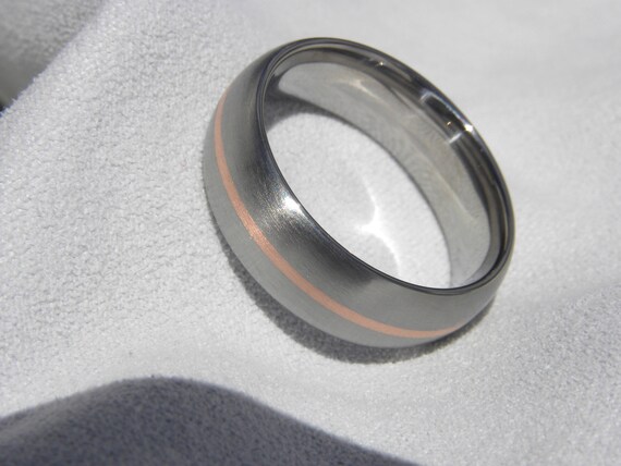 Matching Bands Titanium with Copper Stripe Inlay Satin Ring Set