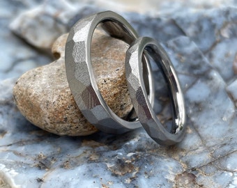 Faceted Titanium Ring SET, Wedding Bands, Ground Profile, Burnished Finish