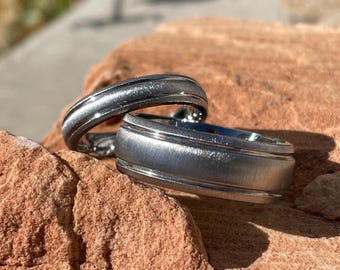 Solid Titanium Ring Set: Frosted Matching Wedding Bands