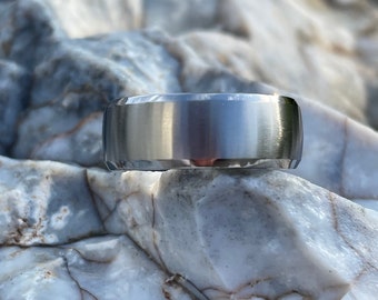 Modern Wedding Ring, Titanium Band, Low Dome Profile Bevel Edge