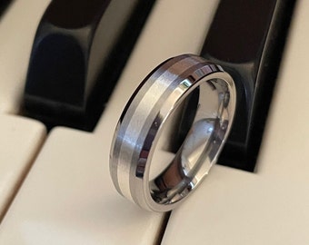 Bevel Edge Mens Ring, Titanium with Silver Stripe, Wedding Band