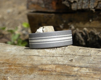 Mens Wedding Ring, Titanium Sterling Silver Inlay Stripes, Sandblasted Band