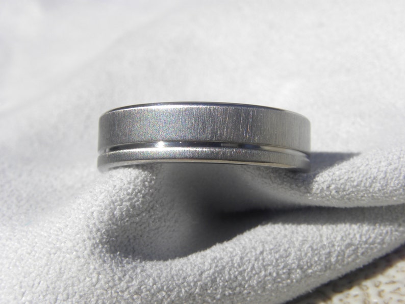 Wedding Band Frosted Finish Titanium Ring Offset Pinstripe Groove