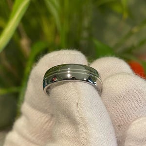 Wedding Band, Titanium Silver Inlay Stripes Ring, Polished Finish