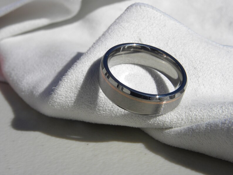 Comfort Fit Wedding Ring, Titanium with Rose Gold Pinstripe Inlay, Bevel Edge Band image 3