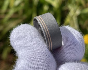 Solid Titanium and Gold Pinstripes Ring, 'small' size 6 1/2, 9mm Wide, Sandblasted