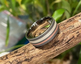 Unique Wedding Band, Titanium Silver Copper Inlay Ring, His or Hers