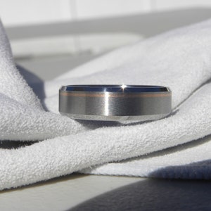 Comfort Fit Wedding Ring, Titanium with Rose Gold Pinstripe Inlay, Bevel Edge Band image 2