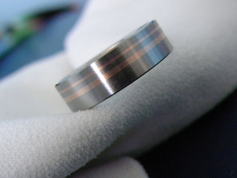Titanium with Rose Gold Inlay Stripes Wedding Band Mens Ring