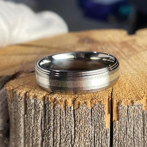 Mens Ring, Wedding Band, Double Stepped Edge Titanium with Silver Stripe