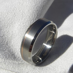 Comfort Fit Wedding Ring, Titanium with Rose Gold Pinstripe Inlay, Bevel Edge Band image 1