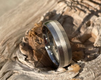 Ring, Wedding Band, Domed Titanium with Silver Stripe, Brushed Finish