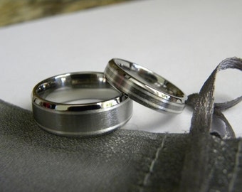 Matching Ring Set, Titanium Silver Bevel Edge Wedding Band, Rings