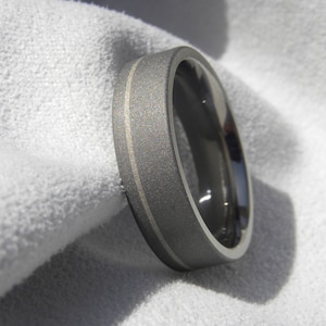 Mens Wedding Ring, White Gold Pinstripe Titanium Band, Sandblasted
