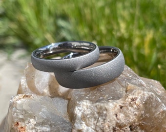 Modern Wedding Rings, Sandblasted Titanium Set, His Hers Bands