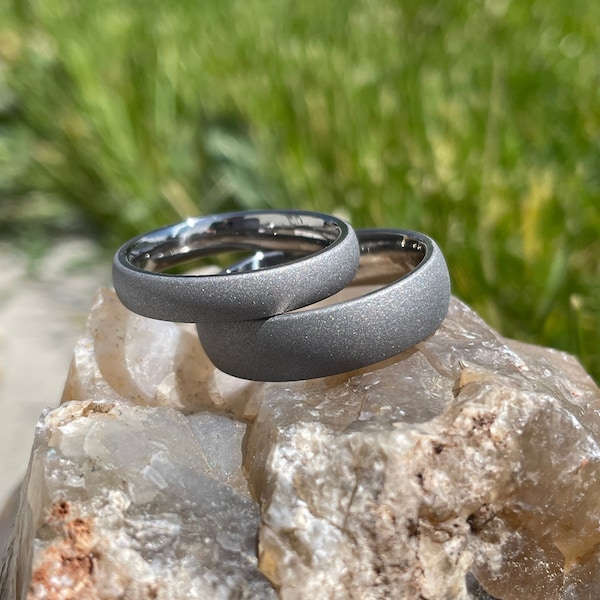 Modern Wedding Rings, Sandblasted Titanium Set, His Hers Bands, Standard Dome