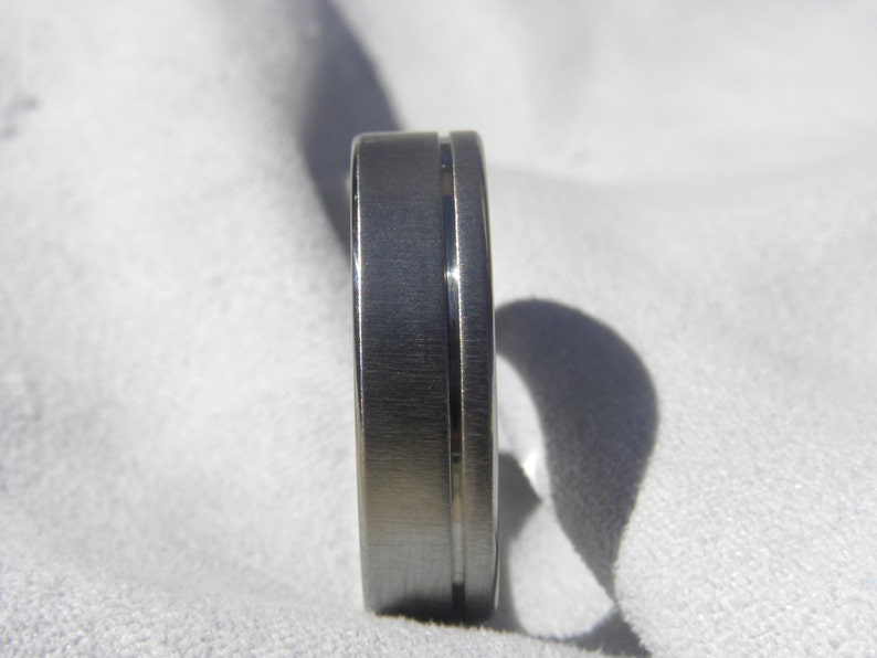 Wedding Band Frosted Finish Titanium Ring Offset Pinstripe Groove