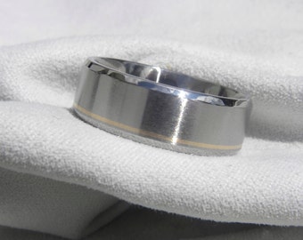 Beveled Titanium Yellow Gold Pinstripe Ring, Wedding Band