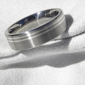 Mans Ring, Wedding Band, Titanium with Double Silver Inlay Pinstripes