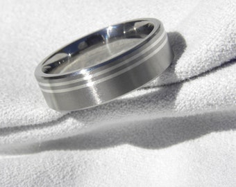 Mans Ring, Wedding Band, Titanium with Double Silver Inlay Pinstripes