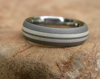 Titanium Silver Striped Ring, Wedding Band, Sandblasted Finish