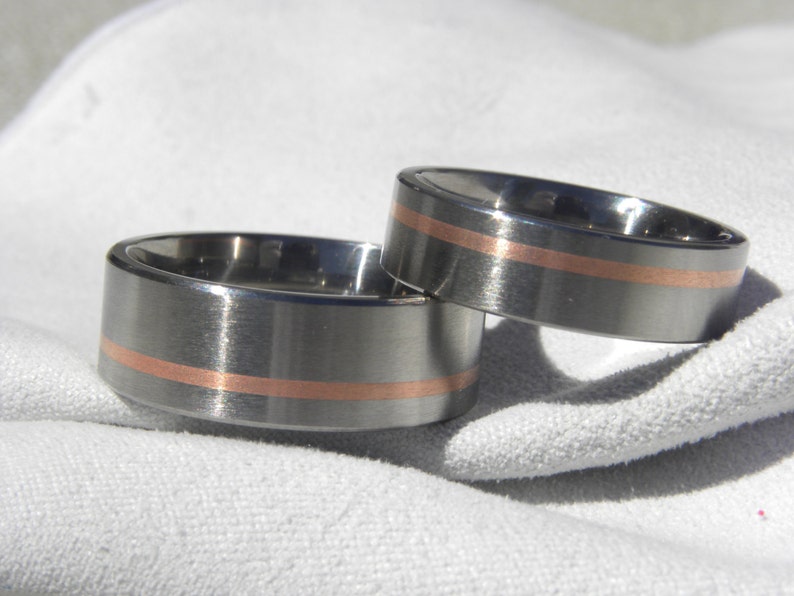 Matching Bands Titanium with Copper Stripe Inlay Satin Ring Set