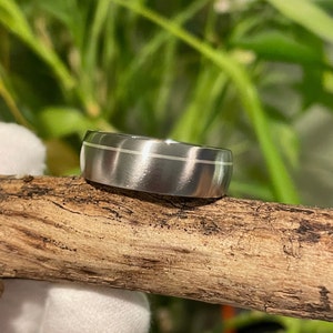 Modern Wedding Ring, Titanium Silver Stripe Band, Mens, Ladies, Offset Pinstripe image 6