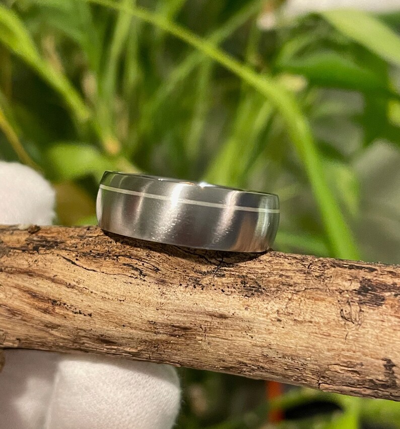 Modern Wedding Ring, Titanium Silver Stripe Band, Mens, Ladies, Offset Pinstripe image 6