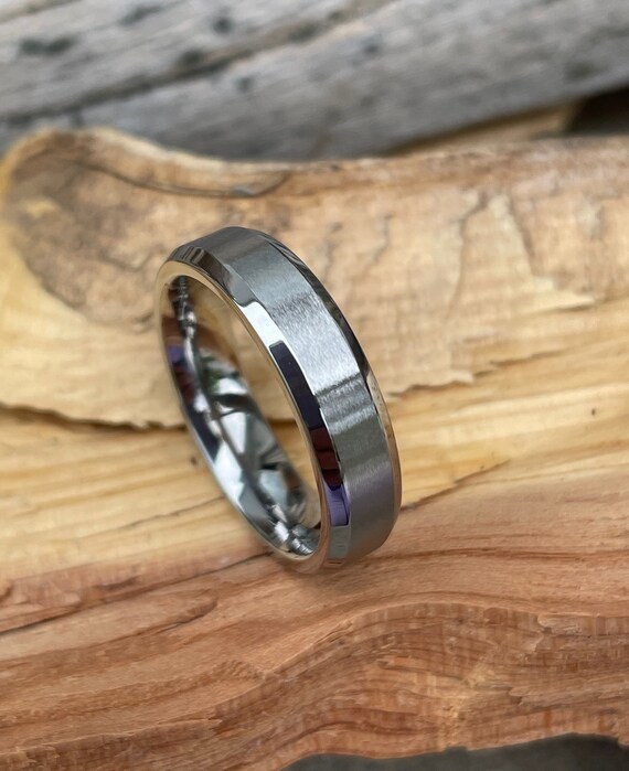 Silver Polish Finished Bevel Edge Tungsten Carbide His And Hers Wedding Band Ring Set