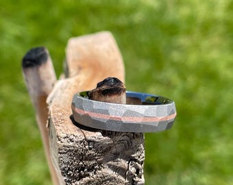Sandblasted Titanium Copper Stripe Facet Cut Ring, Wedding Band