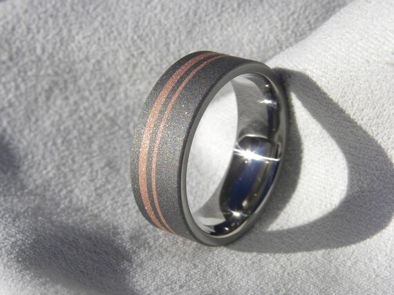 Mens Wedding Band Titanium Copper Striped Ring Sandblasted | Etsy