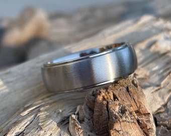 Low Dome Profile Stepped Edge Ring, Titanium Band, Wedding, Mens, Ladies