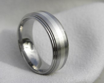 Mens Ring, Wedding Band, Double Stepped Edge Titanium with Silver Stripe