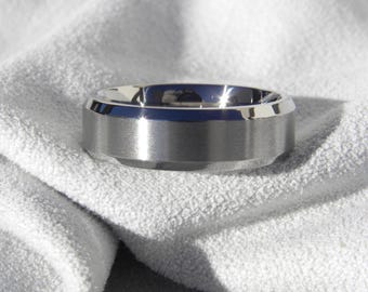 Men's Bevel Edge Titanium Ring, Wedding Band, Brush Finish, Modern Style (standard)