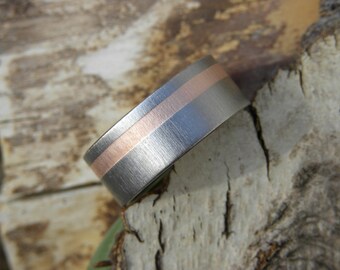 Beautiful Titanium with Copper Stripe Ring, Wedding Band, Frosted, US size 7