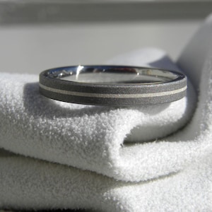 Modern Wedding Ring, Titanium Ring Silver Pinstripe Inlay Band, Sandblasted