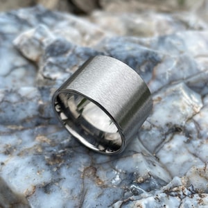 Titanium Ring, Wedding Band, Wide Stone Finish, Flat Profile 13-15mm