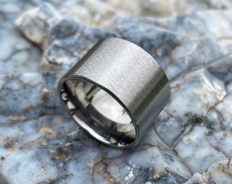 Titanium Ring, Wedding Band, Wide Stone Finish, Flat Profile 13-15mm