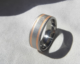 Unique Copper Stripe Titanium Band, Wedding, Anniversary, Frosted Finish Ring